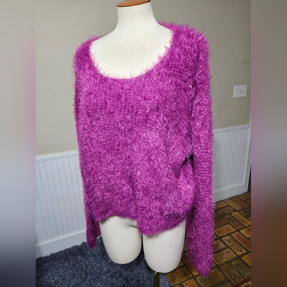 Cotton Emporium Fuzzy Purple Scoop Neck Sweater